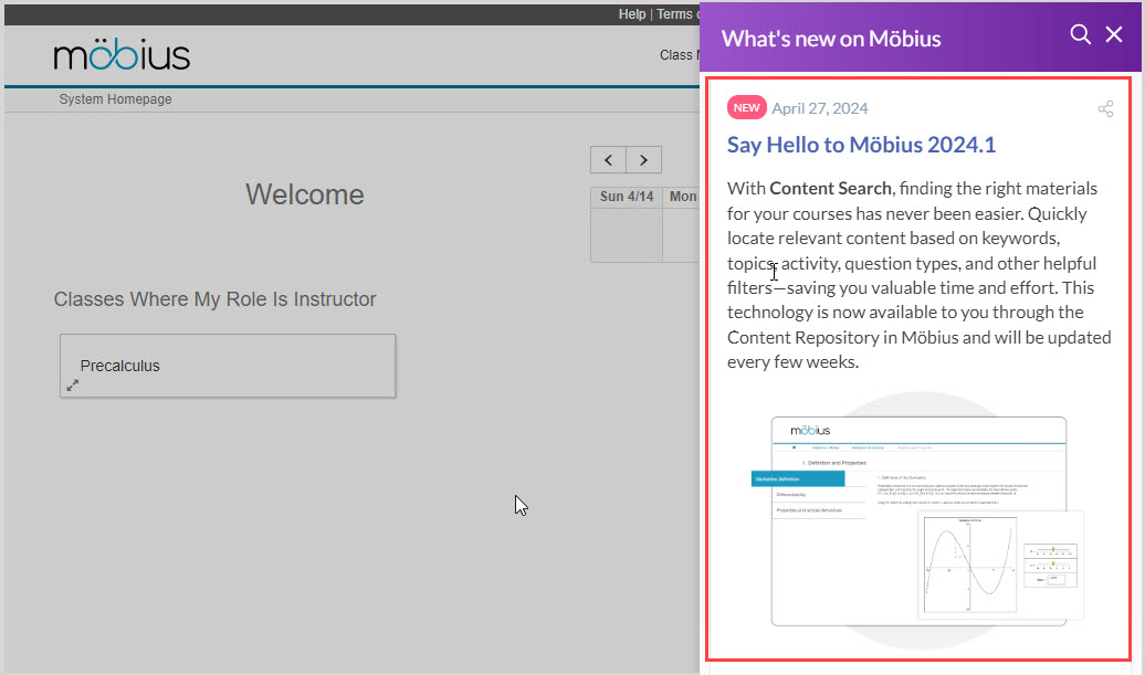 Mobius system homepage with What's new on Mobius panel open on right